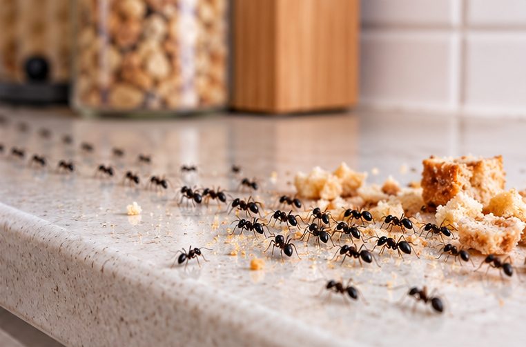 Trail of ants on a kitchen worktop near crumbs