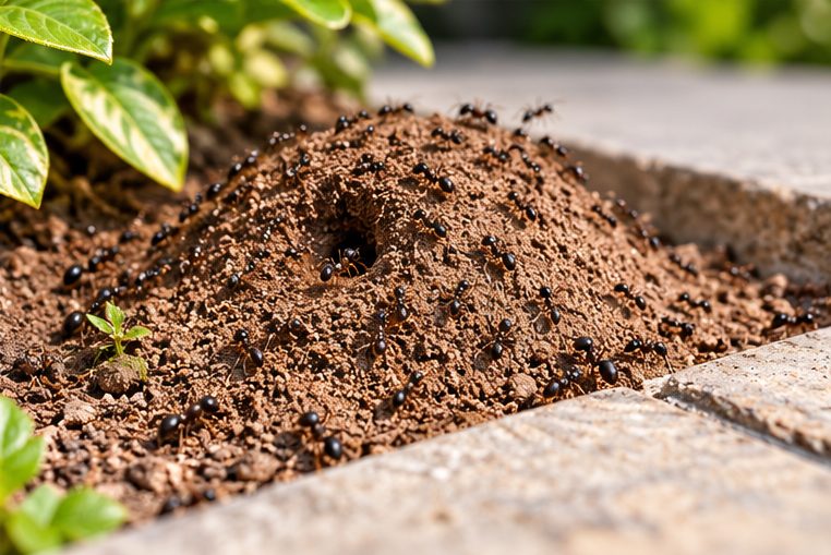 Ant nest mound beside a garden path
