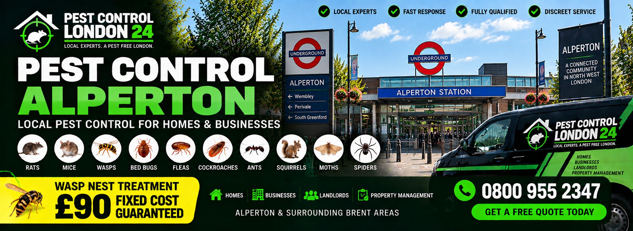 Pest Control Alperton — Pest Control London 24, pest control for homes and businesses in Alperton and surrounding Brent areas. Wasp nest treatment £90 fixed price. Call 0800 955 2347.