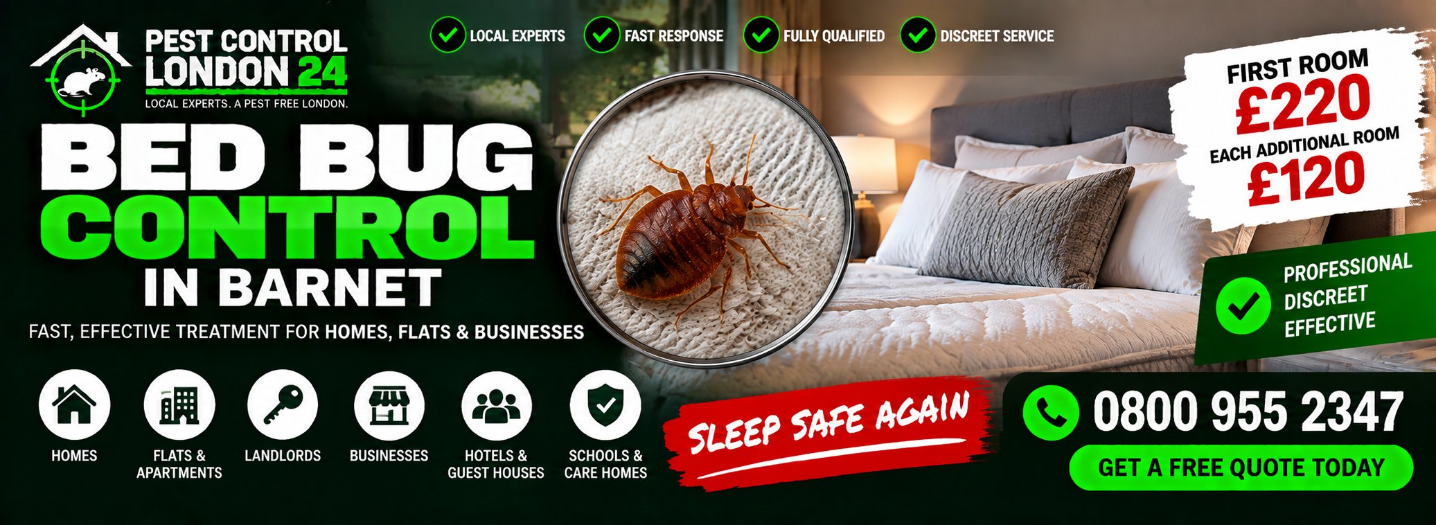 Bed Bug Treatment Barnet — Pest Control London 24. Bed bug treatment £220 first room, £120 each additional room. Call 0800 955 2347.
