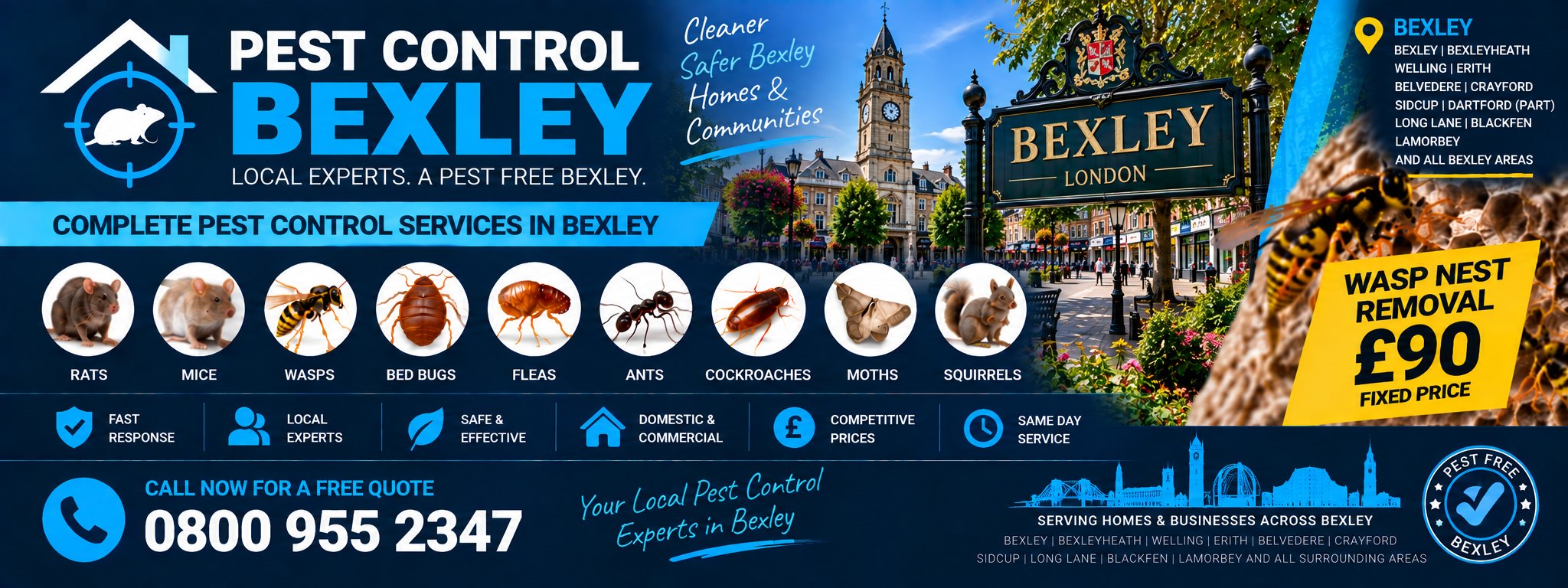 Pest Control Bexley — treatments for rats, mice, wasps, bed bugs, fleas, ants, cockroaches, moths and squirrels, serving Bexleyheath, Sidcup, Erith and Welling. Wasp nest removal £90 fixed price. Call 0800 955 2347.