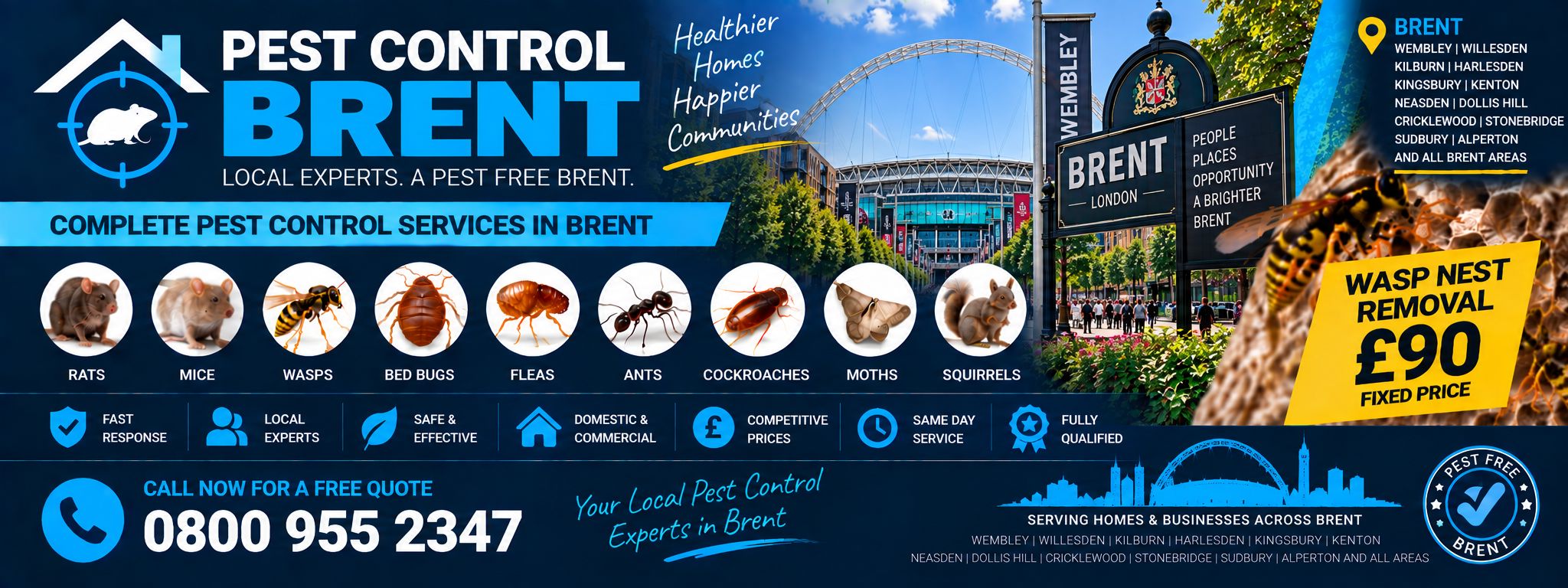Pest Control Brent — complete pest control services in Brent for rats, mice, wasps, bed bugs, fleas, ants, cockroaches, moths and squirrels, serving Wembley, Willesden, Kilburn, Harlesden and all Brent areas. Wasp nest removal £90 fixed price. Call 0800 955 2347.