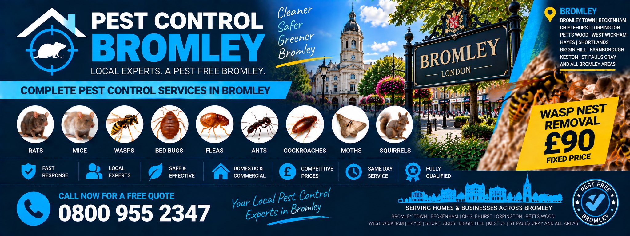 Pest Control Bromley — treatments for rats, mice, wasps, bed bugs, fleas, ants, cockroaches, moths and squirrels, serving Bromley, Beckenham, Orpington and Chislehurst. Wasp nest removal £90 fixed price. Call 0800 955 2347.