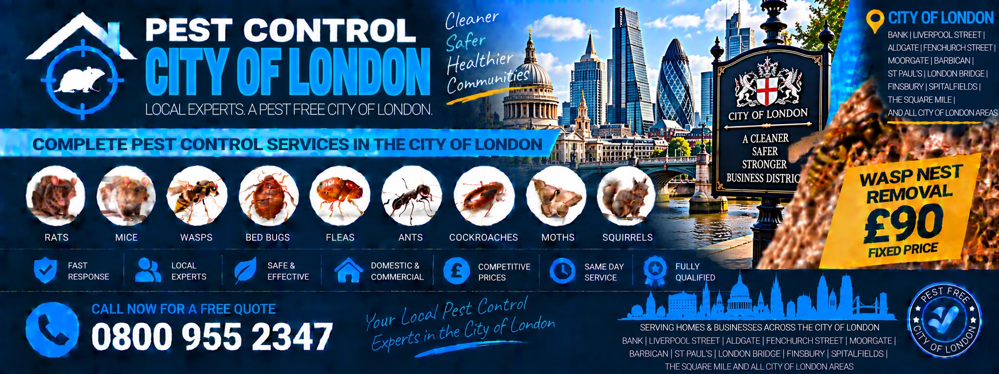 Pest Control City of London — treatments for rats, mice, wasps, bed bugs, fleas, cockroaches, ants, squirrels, moths and spiders across Bank, Smithfield, Aldgate and the Barbican. Wasp nest removal £90 fixed price. Call 0800 955 2347.