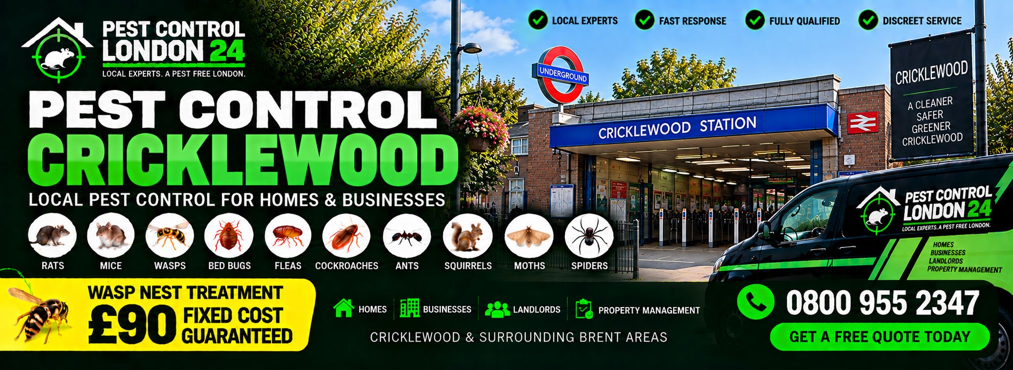 Pest Control Cricklewood — Pest Control London 24, pest control for homes and businesses in Cricklewood and surrounding Brent areas. Wasp nest treatment £90 fixed price. Call 0800 955 2347.