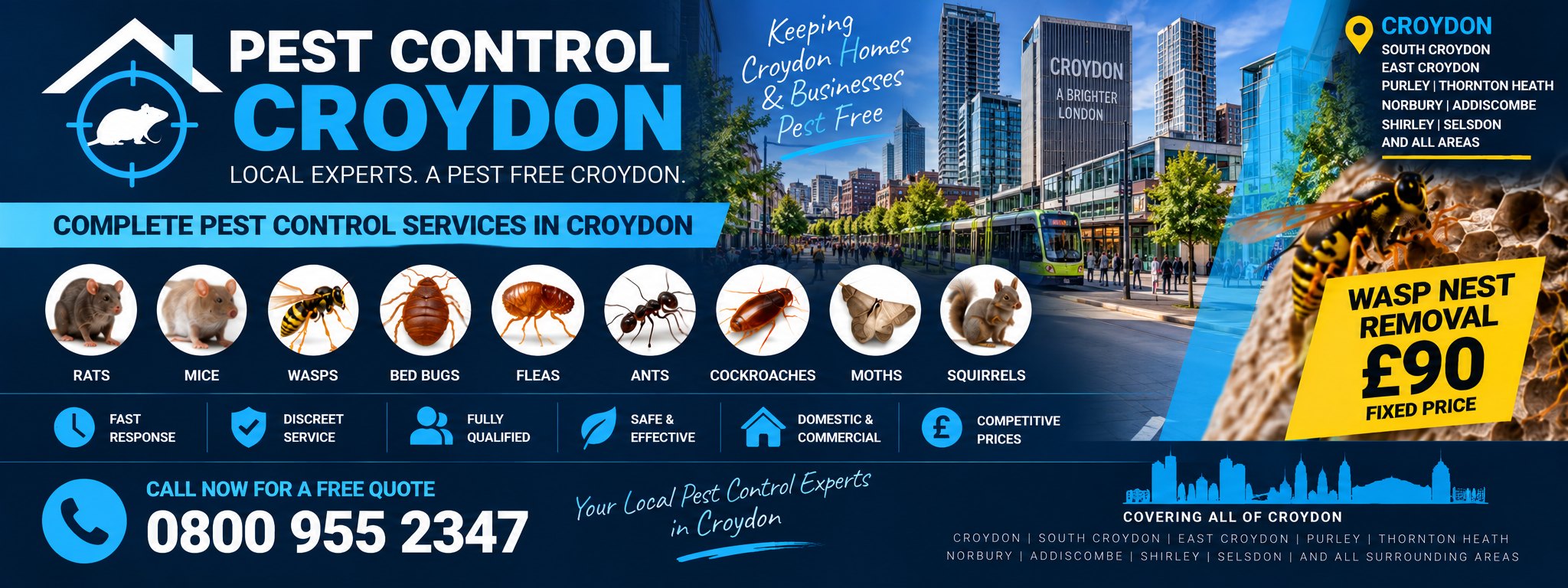 Pest Control Croydon — treatments for rats, mice, wasps, bed bugs, fleas, ants, cockroaches, moths and squirrels, serving Croydon, Purley, Thornton Heath and Addiscombe. Wasp nest removal £90 fixed price. Call 0800 955 2347.