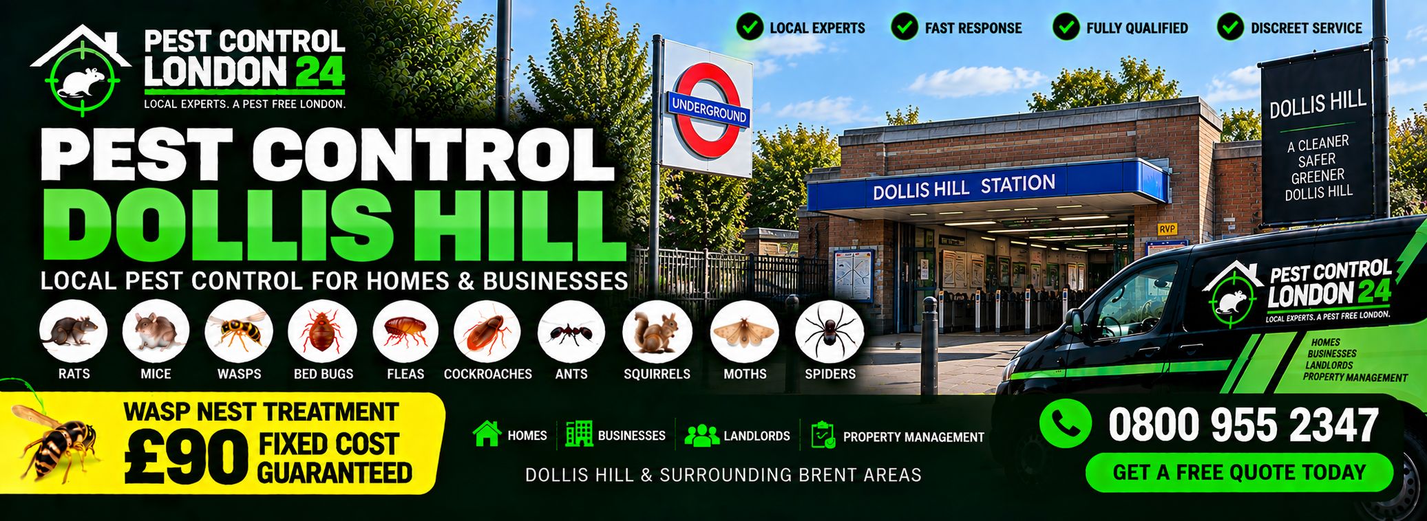 Pest Control Dollis Hill — Pest Control London 24, pest control for homes and businesses in Dollis Hill and surrounding Brent areas. Wasp nest treatment £90 fixed price. Call 0800 955 2347.