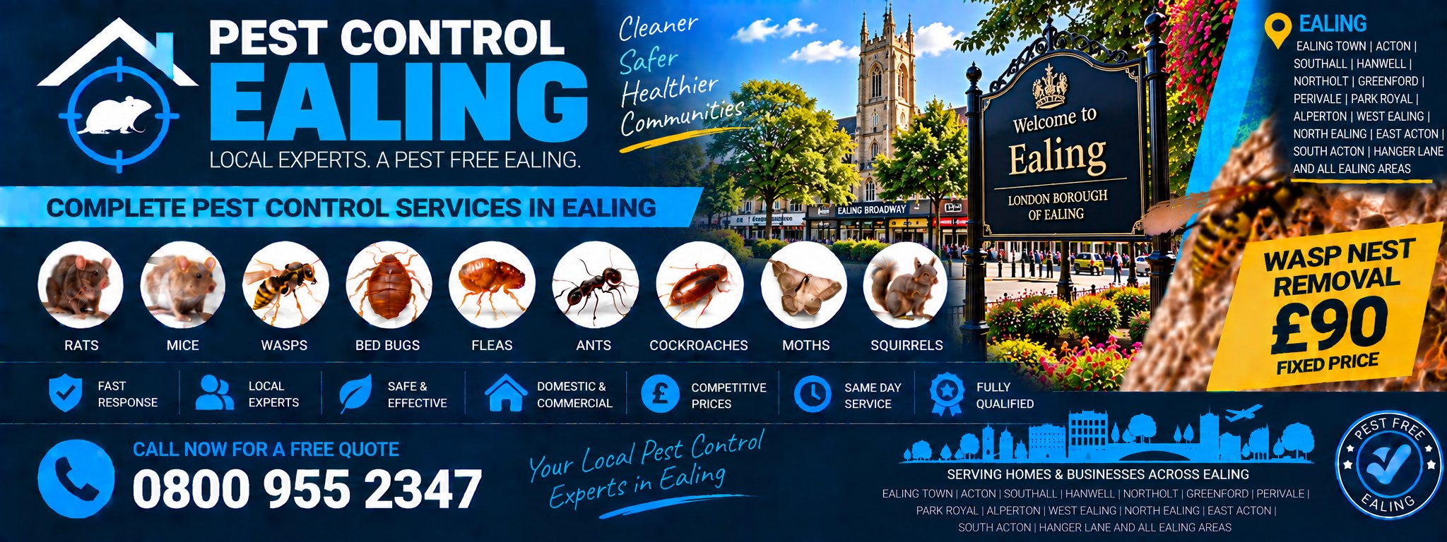 Pest Control Ealing — treatments for rats, mice, wasps, bed bugs, fleas, ants, cockroaches, moths and squirrels, serving Ealing, Acton, Greenford and Southall. Wasp nest removal £90 fixed price. Call 0800 955 2347.