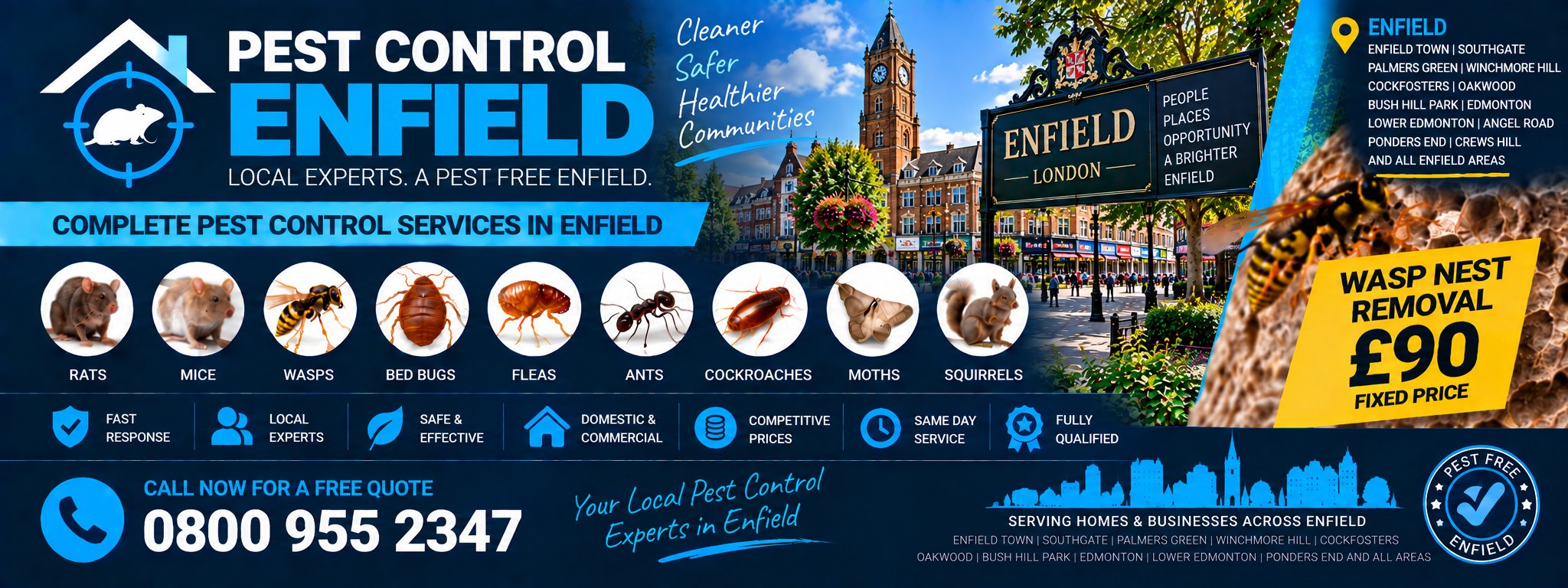 Pest Control Enfield — treatments for rats, mice, wasps, bed bugs, fleas, ants, cockroaches, moths, squirrels and spiders across Enfield Town, Edmonton, Palmers Green and Southgate. Wasp nest removal £90 fixed price.