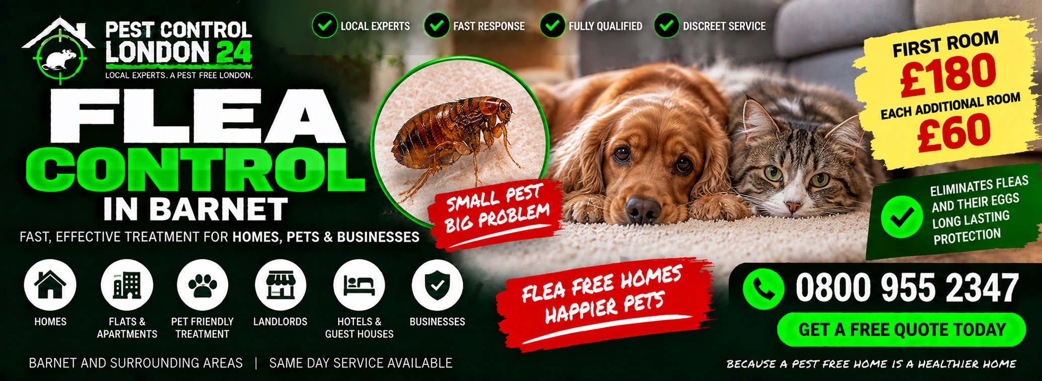 Flea Control Barnet — Pest Control London 24. Flea treatment £180 first room, £60 each additional room. Call 0800 955 2347.