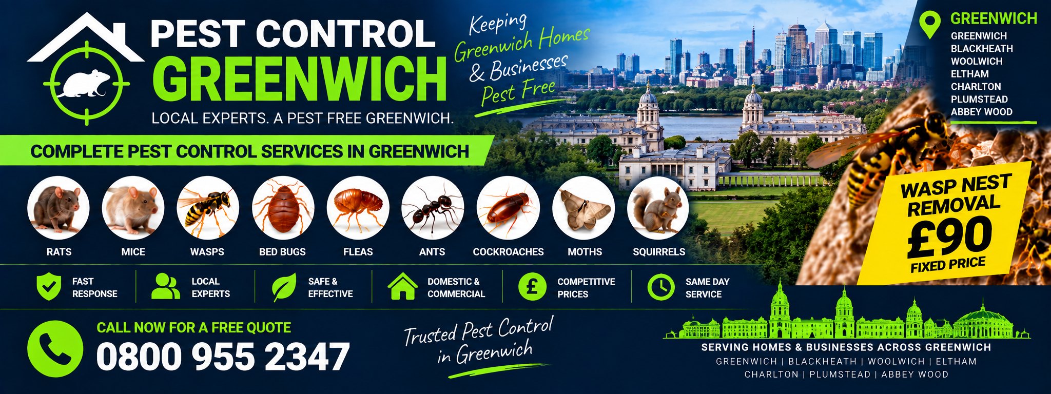 Pest Control Greenwich — treatments for rats, mice, wasps, bed bugs, fleas, ants, cockroaches, moths, squirrels and spiders across Greenwich, Woolwich, Eltham and Blackheath. Wasp nest removal £90 fixed price.