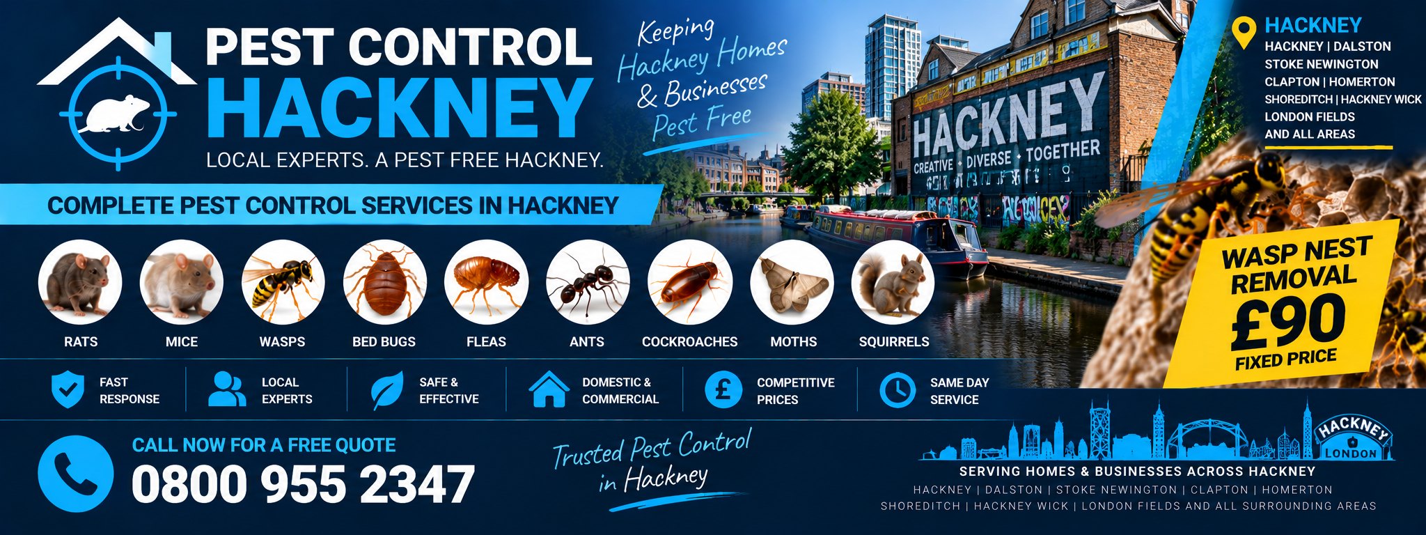 Pest Control Hackney — treatments for rats, mice, wasps, bed bugs, fleas, ants, cockroaches, moths, squirrels and spiders across Hackney, Dalston, Shoreditch and Stoke Newington. Wasp nest removal £90 fixed price.