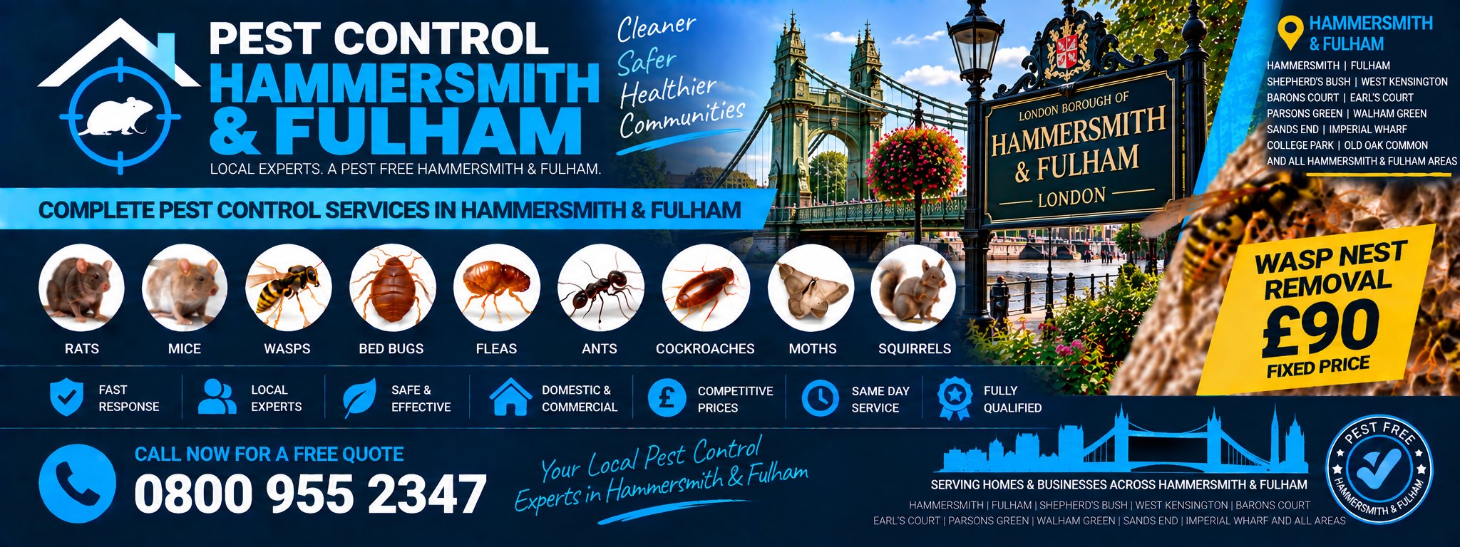 Pest Control Hammersmith and Fulham — treatments for rats, mice, wasps, bed bugs, fleas, ants, cockroaches, moths, squirrels and spiders across Hammersmith, Fulham, Shepherd's Bush and White City. Wasp nest removal £90 fixed price.