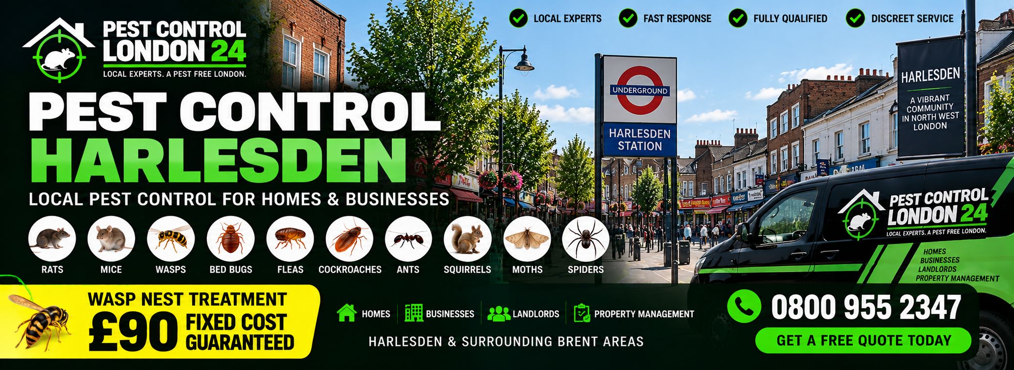 Pest Control Harlesden — Pest Control London 24, pest control for homes and businesses in Harlesden and surrounding Brent areas. Wasp nest treatment £90 fixed price. Call 0800 955 2347.