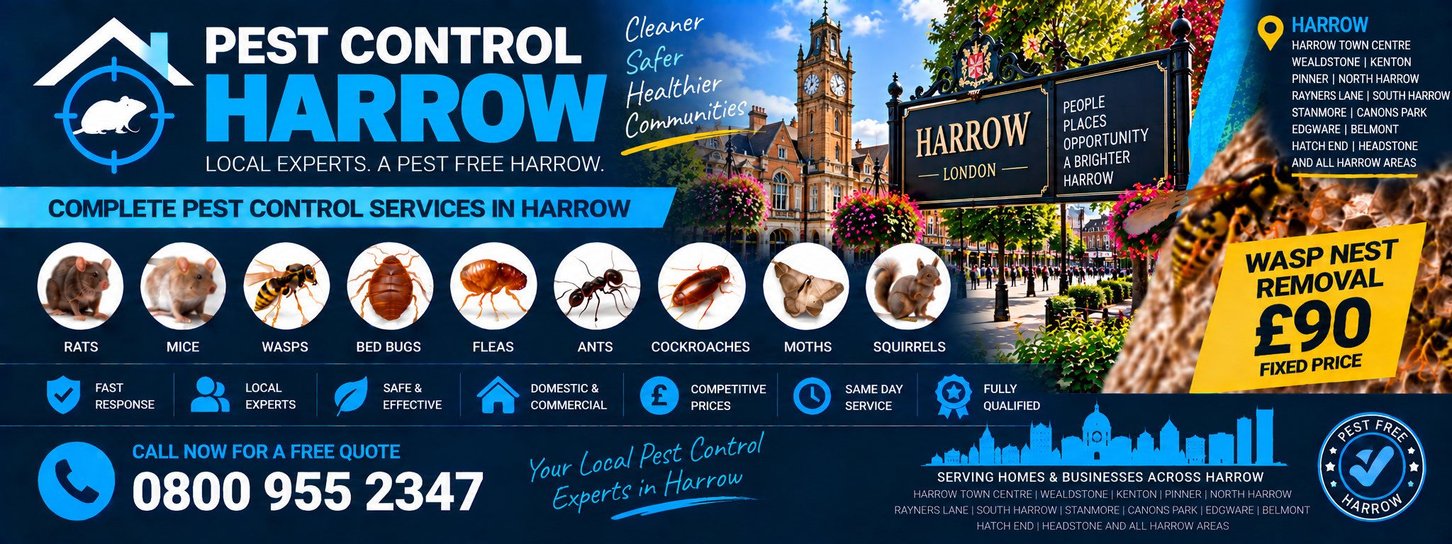 Pest Control Harrow — treatments for rats, mice, wasps, bed bugs, fleas, ants, cockroaches, moths, squirrels and spiders across Harrow, Wealdstone, Pinner and Stanmore. Wasp nest removal £90 fixed price.