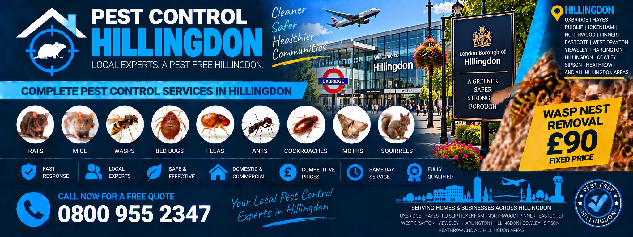 Pest Control Hillingdon — treatments for rats, mice, wasps, bed bugs, fleas, ants, cockroaches, moths and squirrels, serving Uxbridge, Hayes, Ruislip and Northwood. Wasp nest removal £90 fixed price. Call 0800 955 2347.