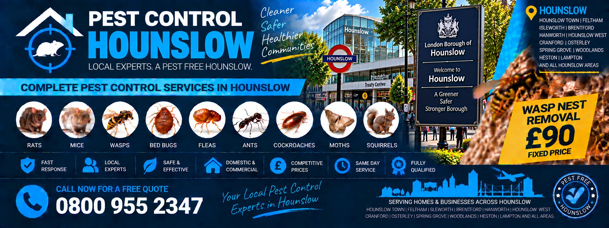 Pest Control Hounslow — treatments for rats, mice, wasps, bed bugs, fleas, ants, cockroaches, moths and squirrels, serving Hounslow, Brentford, Chiswick and Feltham. Wasp nest removal £90 fixed price. Call 0800 955 2347.