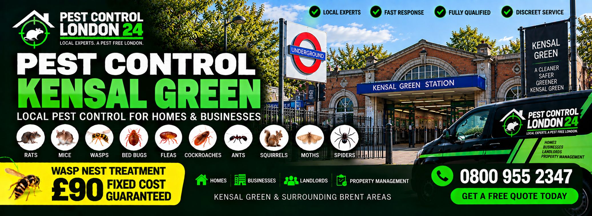 Pest Control Kensal Green — Pest Control London 24, pest control for homes and businesses in Kensal Green and surrounding Brent areas. Wasp nest treatment £90 fixed price. Call 0800 955 2347.