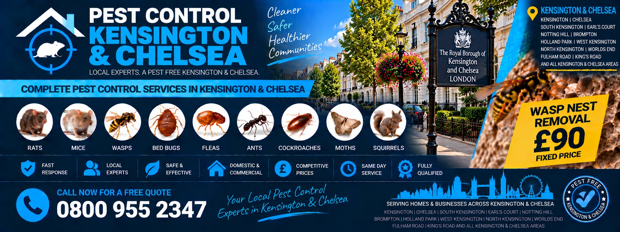 Pest Control Kensington and Chelsea — treatments for rats, mice, wasps, bed bugs, fleas, ants, cockroaches, moths and squirrels, serving Kensington, Chelsea, Notting Hill and Earl's Court. Wasp nest removal £90 fixed price. Call 0800 955 2347.