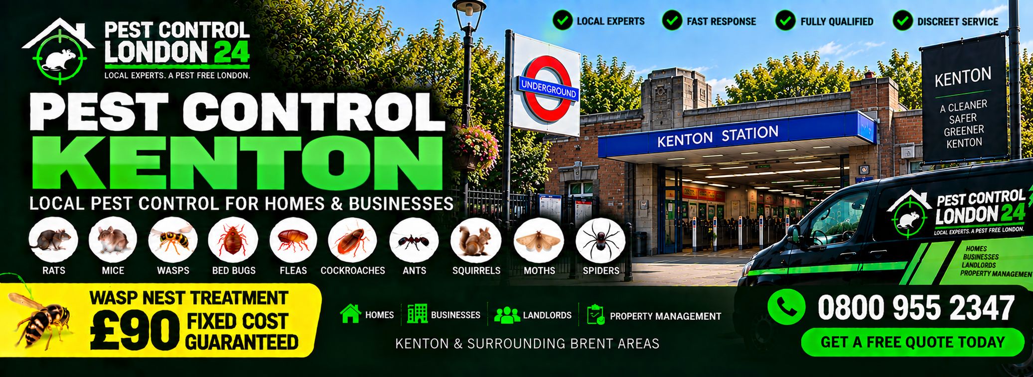 Pest Control Kenton — Pest Control London 24, pest control for homes and businesses in Kenton and surrounding Brent areas. Wasp nest treatment £90 fixed price. Call 0800 955 2347.