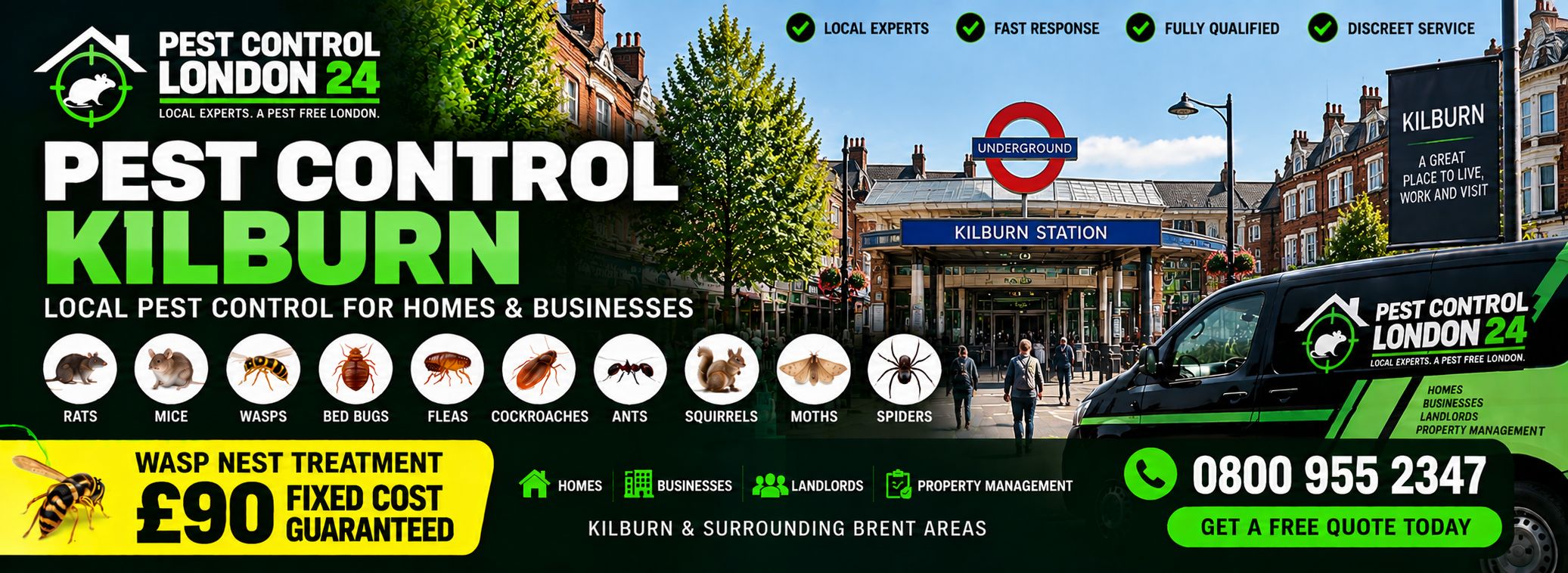 Pest Control Kilburn — Pest Control London 24, pest control for homes and businesses in Kilburn and surrounding Brent areas. Wasp nest treatment £90 fixed price. Call 0800 955 2347.
