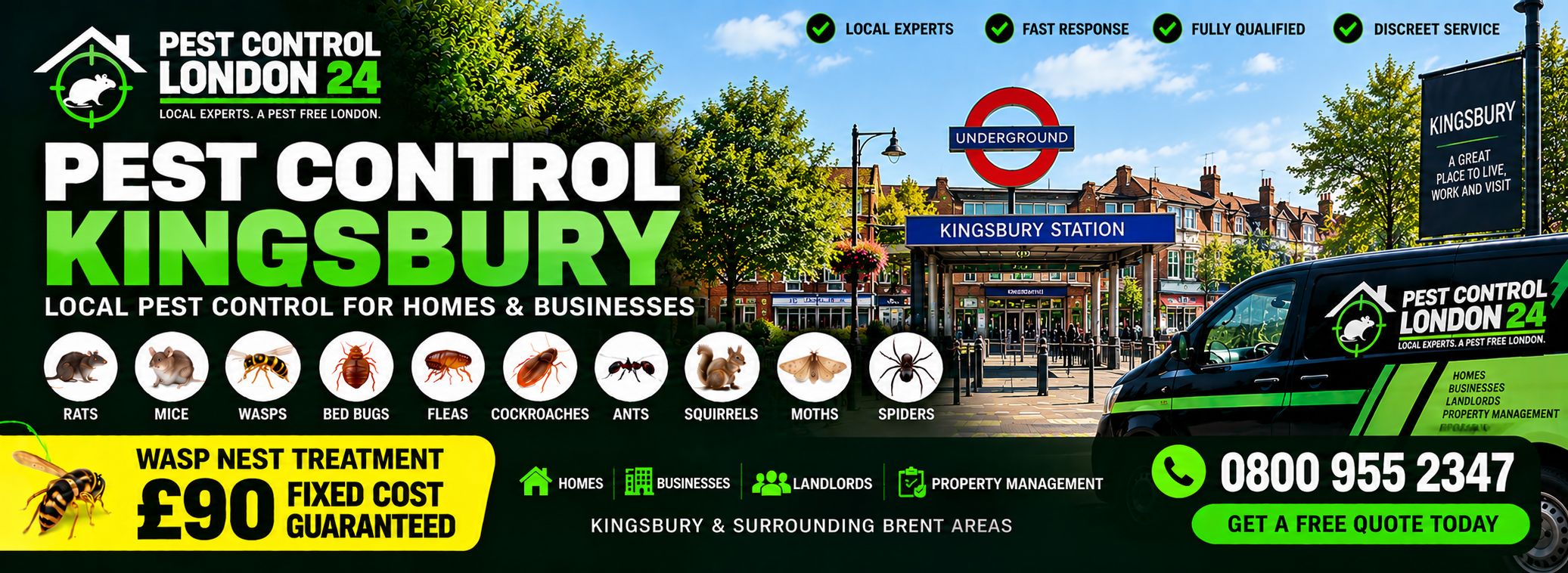 Pest Control Kingsbury — Pest Control London 24, pest control for homes and businesses in Kingsbury and surrounding Brent areas. Wasp nest treatment £90 fixed price. Call 0800 955 2347.