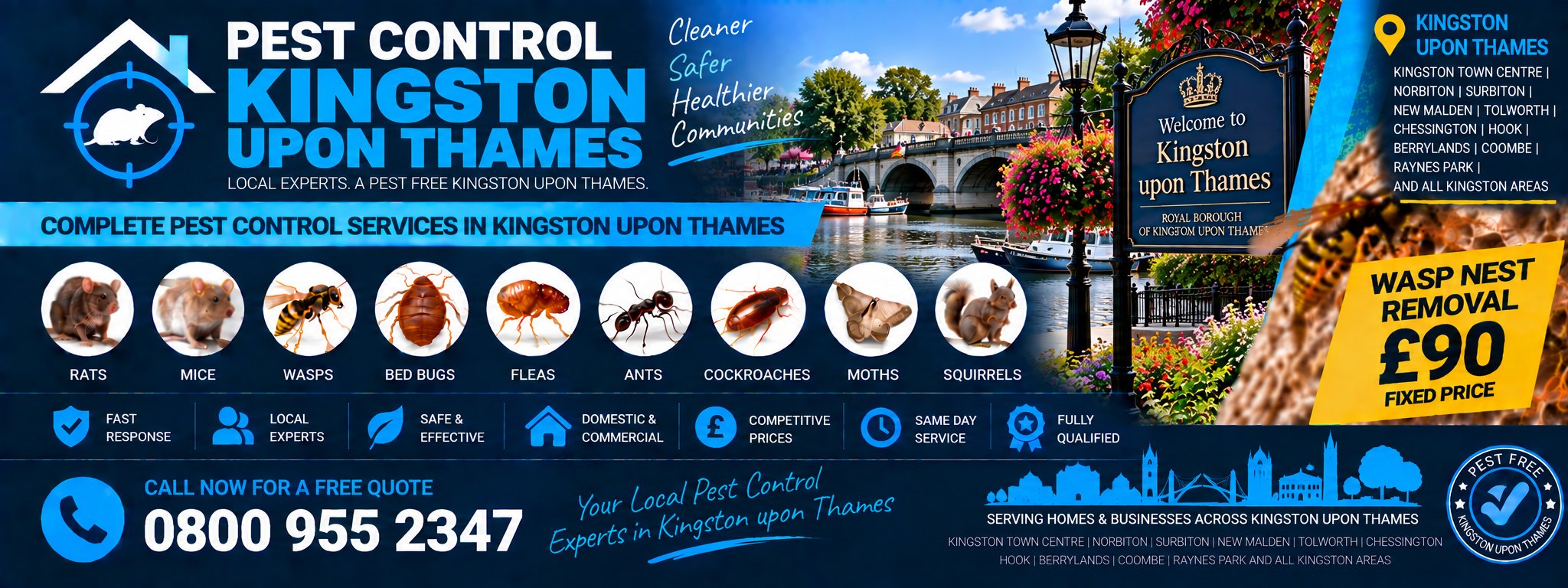 Pest Control Kingston upon Thames — treatments for rats, mice, wasps, bed bugs, fleas, ants, cockroaches, moths and squirrels, serving Kingston, Surbiton, New Malden and Tolworth. Wasp nest removal £90 fixed price. Call 0800 955 2347.