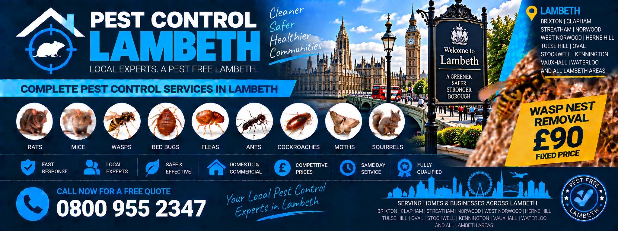 Pest Control Lambeth — treatments for rats, mice, wasps, bed bugs, fleas, cockroaches, ants, squirrels, moths and spiders across Brixton, Clapham, Streatham and Vauxhall. Wasp nest removal £90 fixed price. Call 0800 955 2347.