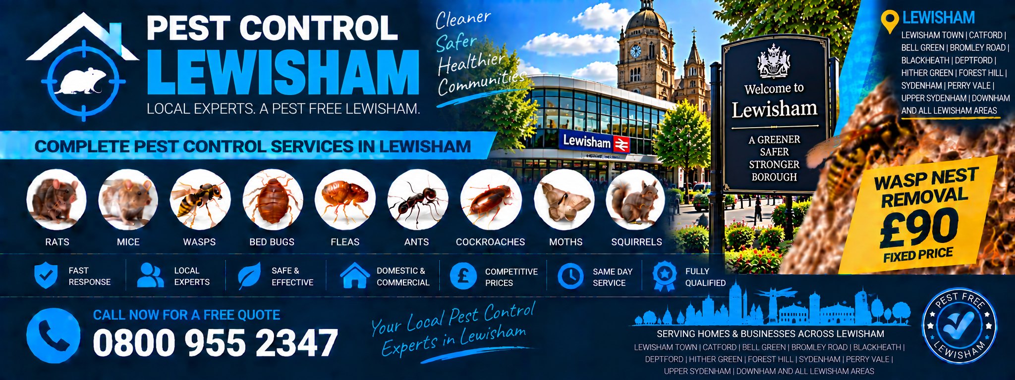 Pest Control Lewisham — treatments for rats, mice, wasps, bed bugs, fleas, cockroaches, ants, squirrels, moths and spiders across Catford, Deptford, Sydenham and Forest Hill. Wasp nest removal £90 fixed price. Call 0800 955 2347.