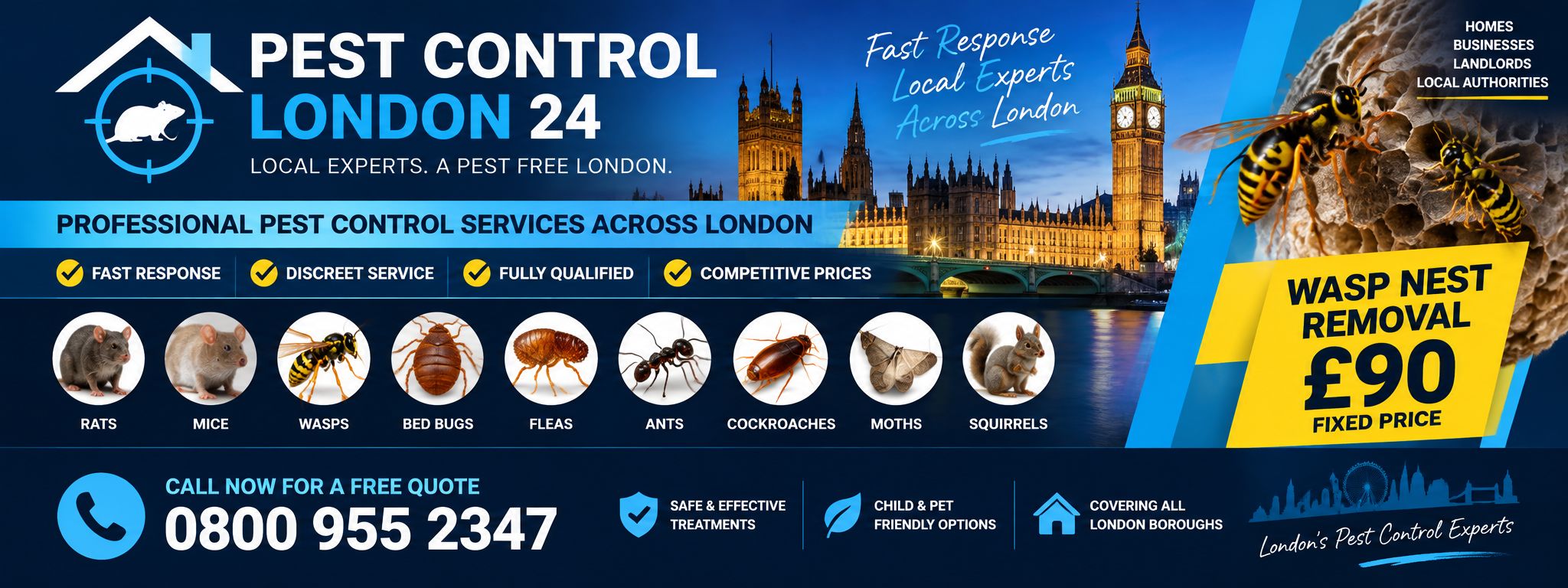 Pest Control London 24 — professional pest control services across London for rats, mice, wasps, bed bugs, fleas, ants, cockroaches, moths and squirrels. Wasp nest removal £90 fixed price. Call 0800 955 2347.