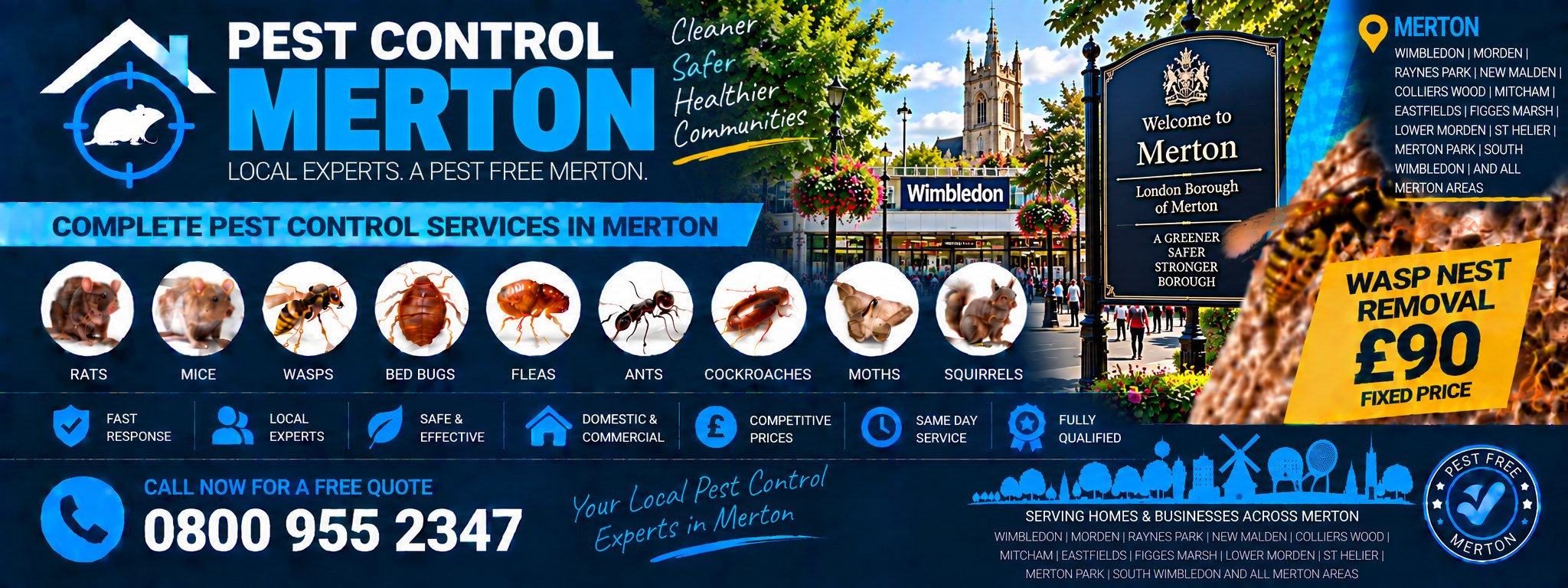 Pest Control Merton — treatments for rats, mice, wasps, bed bugs, fleas, cockroaches, ants, squirrels, moths and spiders across Wimbledon, Mitcham, Morden and Colliers Wood. Wasp nest removal £90 fixed price. Call 0800 955 2347.