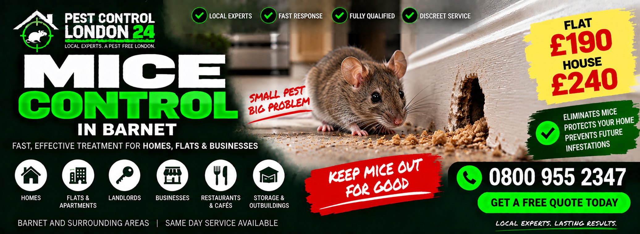 Mouse Control Barnet — Pest Control London 24. Mouse control £190 for a flat, £240 for a house. Call 0800 955 2347.