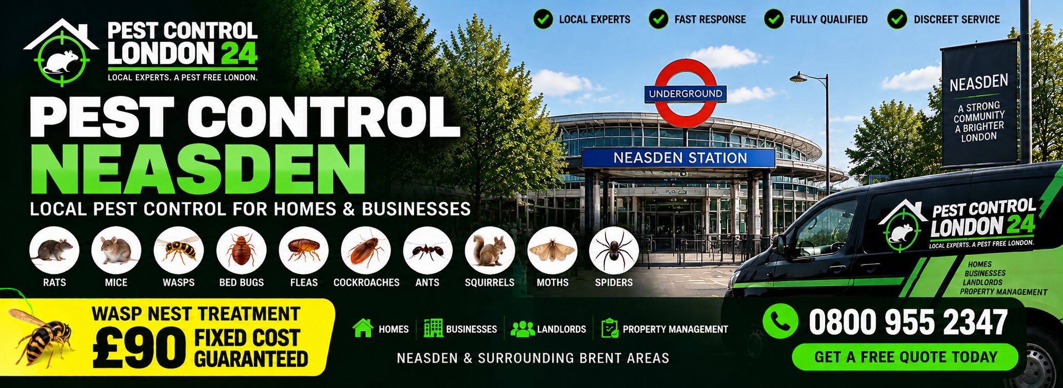 Pest Control Neasden — Pest Control London 24, pest control for homes and businesses in Neasden and surrounding Brent areas. Wasp nest treatment £90 fixed price. Call 0800 955 2347.
