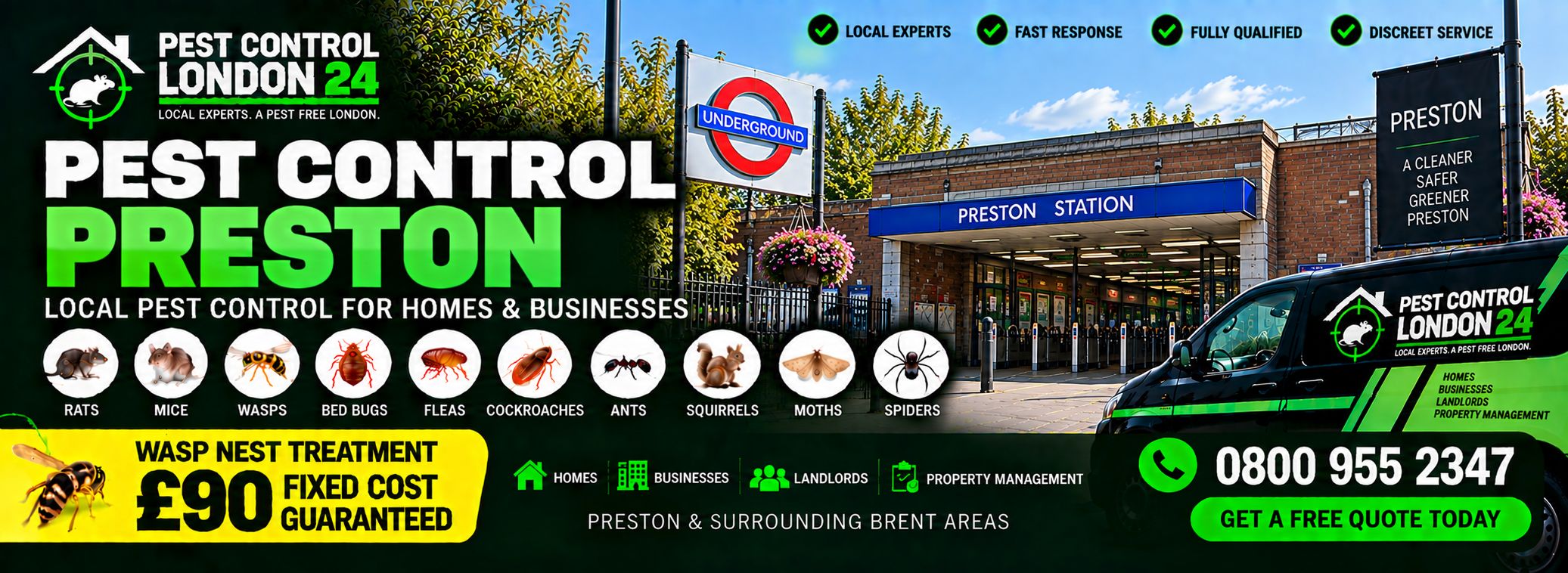 Pest Control Preston — Pest Control London 24, pest control for homes and businesses in Preston and surrounding Brent areas. Wasp nest treatment £90 fixed price. Call 0800 955 2347.