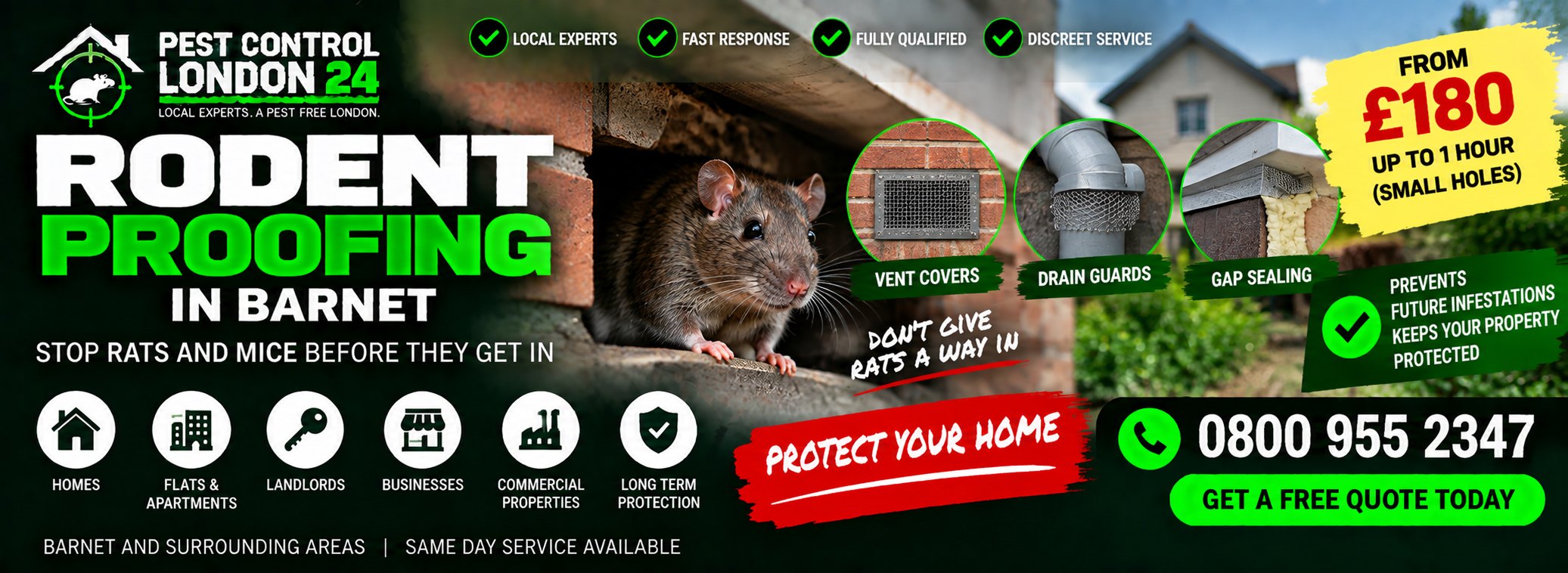 Rodent Proofing Barnet — Pest Control London 24. Rodent proofing £180 for up to one hour. Call 0800 955 2347.