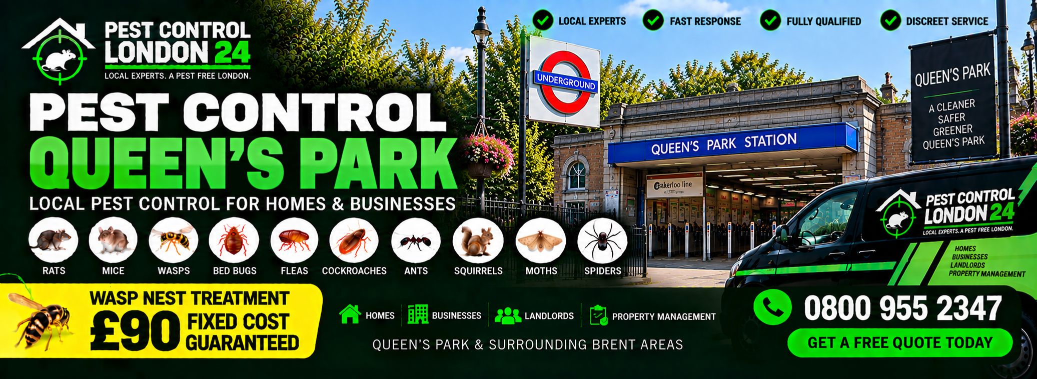 Pest Control Queen’s Park — Pest Control London 24, pest control for homes and businesses in Queen’s Park and surrounding Brent areas. Wasp nest treatment £90 fixed price. Call 0800 955 2347.