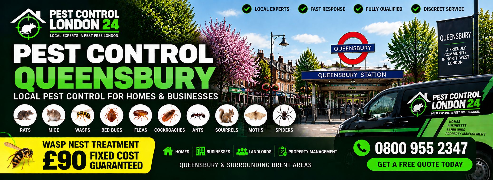 Pest Control Queensbury — Pest Control London 24, pest control for homes and businesses in Queensbury and surrounding Brent areas. Wasp nest treatment £90 fixed price. Call 0800 955 2347.