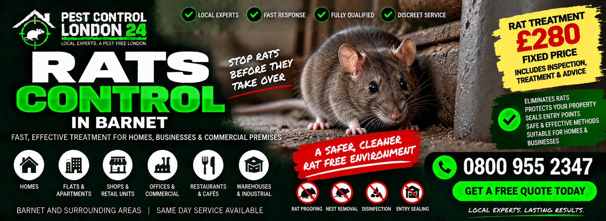 Rat Control Barnet — Pest Control London 24. Rat treatment £190 for a flat, £240 for a house. Call 0800 955 2347.