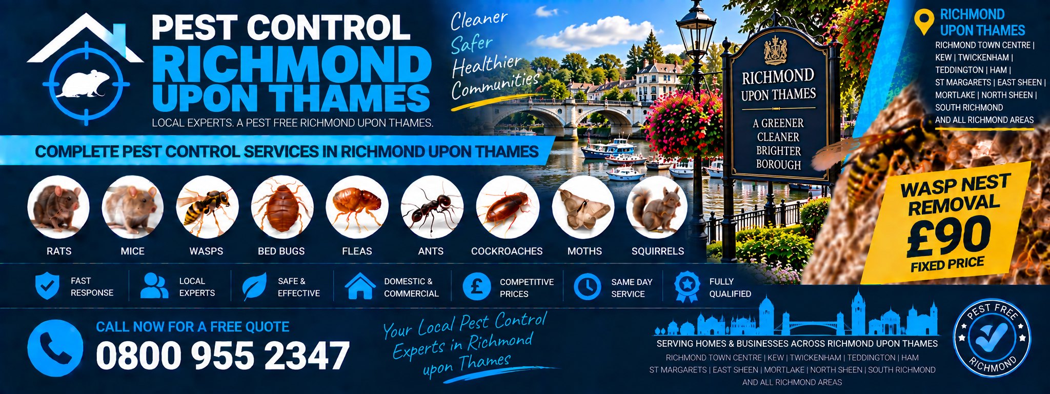 Pest Control Richmond upon Thames — treatments for rats, mice, wasps, bed bugs, fleas, cockroaches, ants, squirrels, moths and spiders across Richmond, Twickenham, Teddington and Barnes. Wasp nest removal £90 fixed price. Call 0800 955 2347.