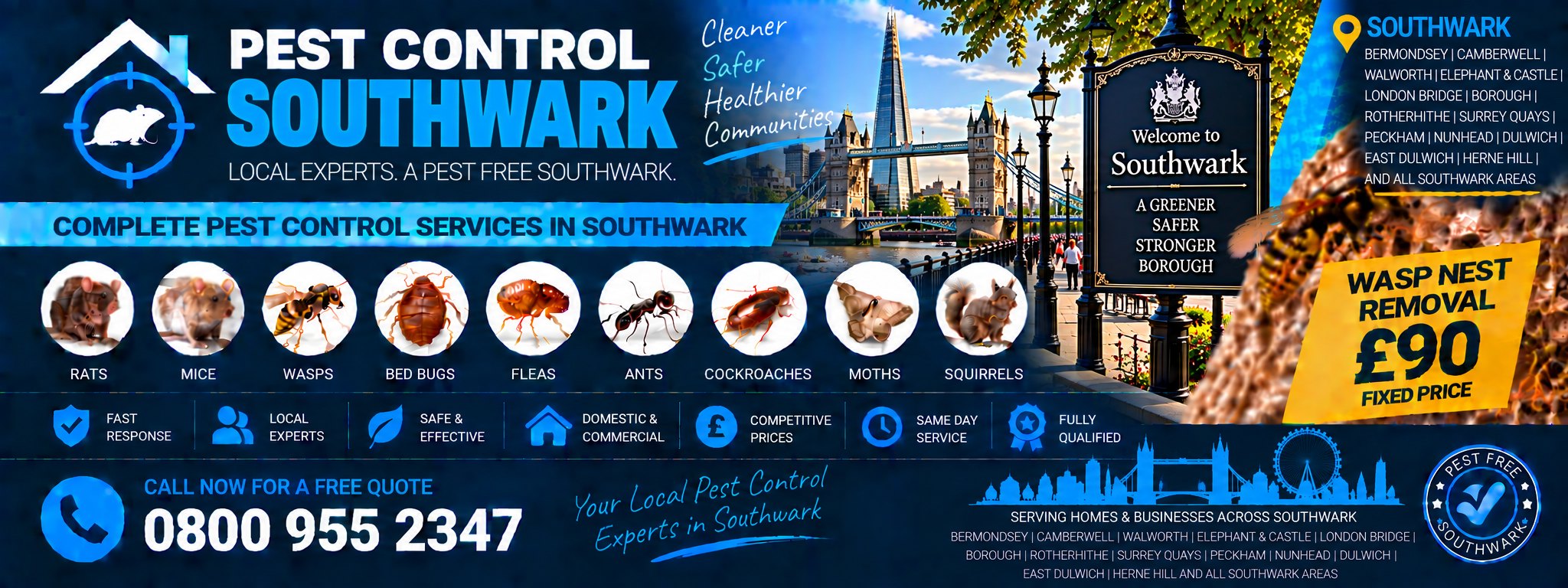 Pest Control Southwark — treatments for rats, mice, wasps, bed bugs, fleas, cockroaches, ants, squirrels, moths and spiders across Peckham, Camberwell, Bermondsey and Rotherhithe. Wasp nest removal £90 fixed price. Call 0800 955 2347.