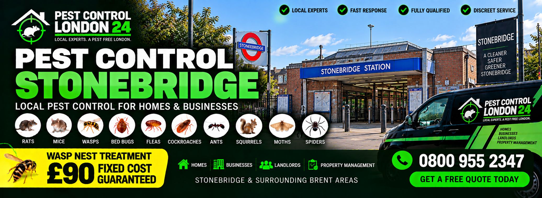 Pest Control Stonebridge — Pest Control London 24, pest control for homes and businesses in Stonebridge and surrounding Brent areas. Wasp nest treatment £90 fixed price. Call 0800 955 2347.