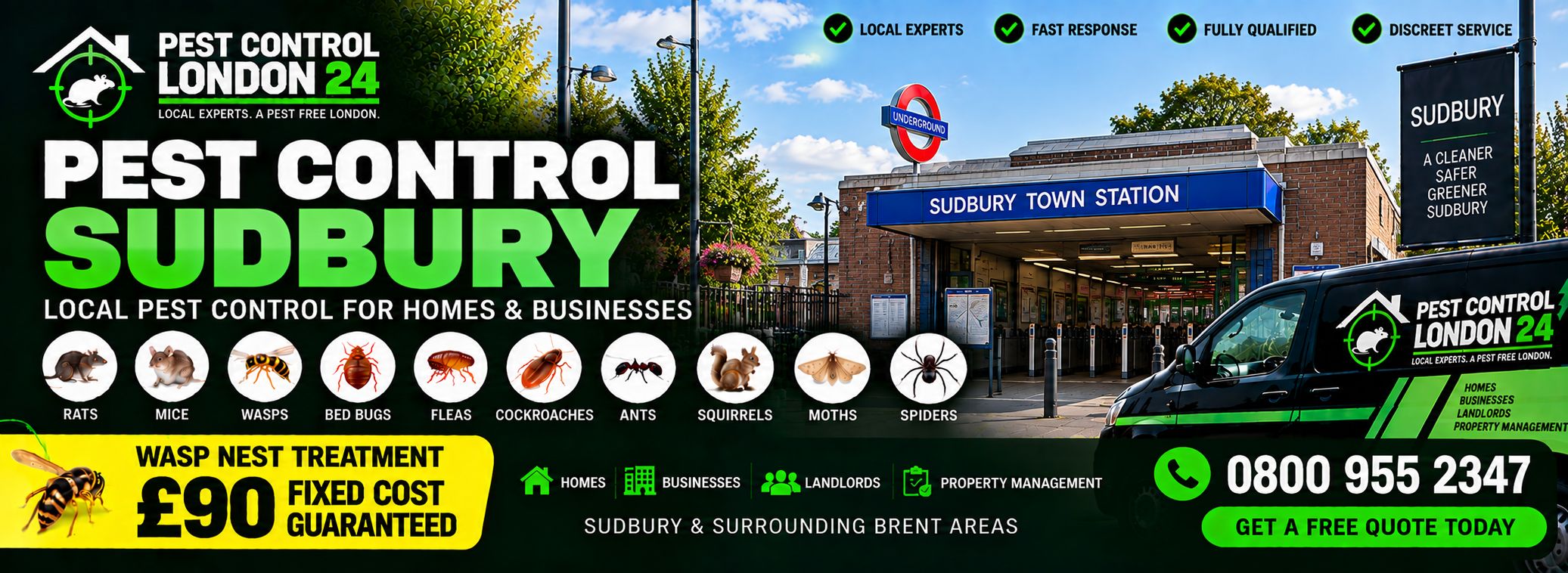 Pest Control Sudbury — Pest Control London 24, pest control for homes and businesses in Sudbury and surrounding Brent areas. Wasp nest treatment £90 fixed price. Call 0800 955 2347.
