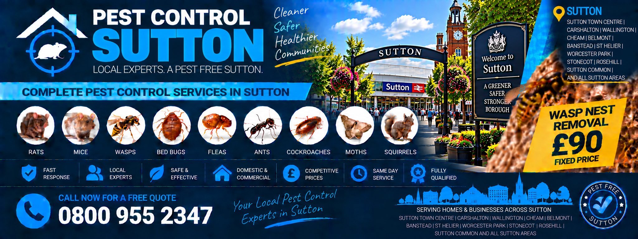 Pest Control Sutton — treatments for rats, mice, wasps, bed bugs, fleas, cockroaches, ants, squirrels, moths and spiders across Sutton, Cheam, Carshalton and Wallington. Wasp nest removal £90 fixed price. Call 0800 955 2347.