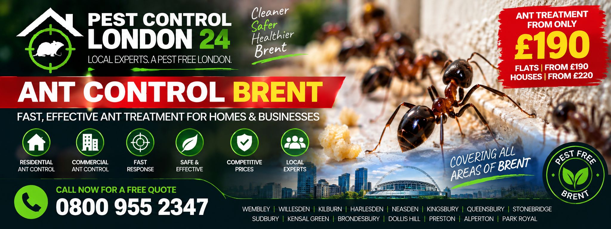 Ant Control Brent — Pest Control London 24. Ant treatment £190 for a flat, £220 for a house. Call 0800 955 2347.