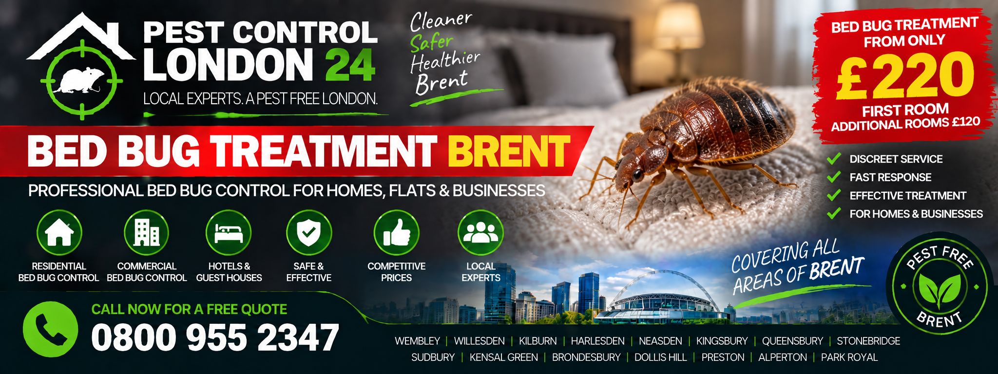 Bed Bug Treatment Brent — Pest Control London 24. Bed bug treatment £220 first room, £120 each additional room. Call 0800 955 2347.