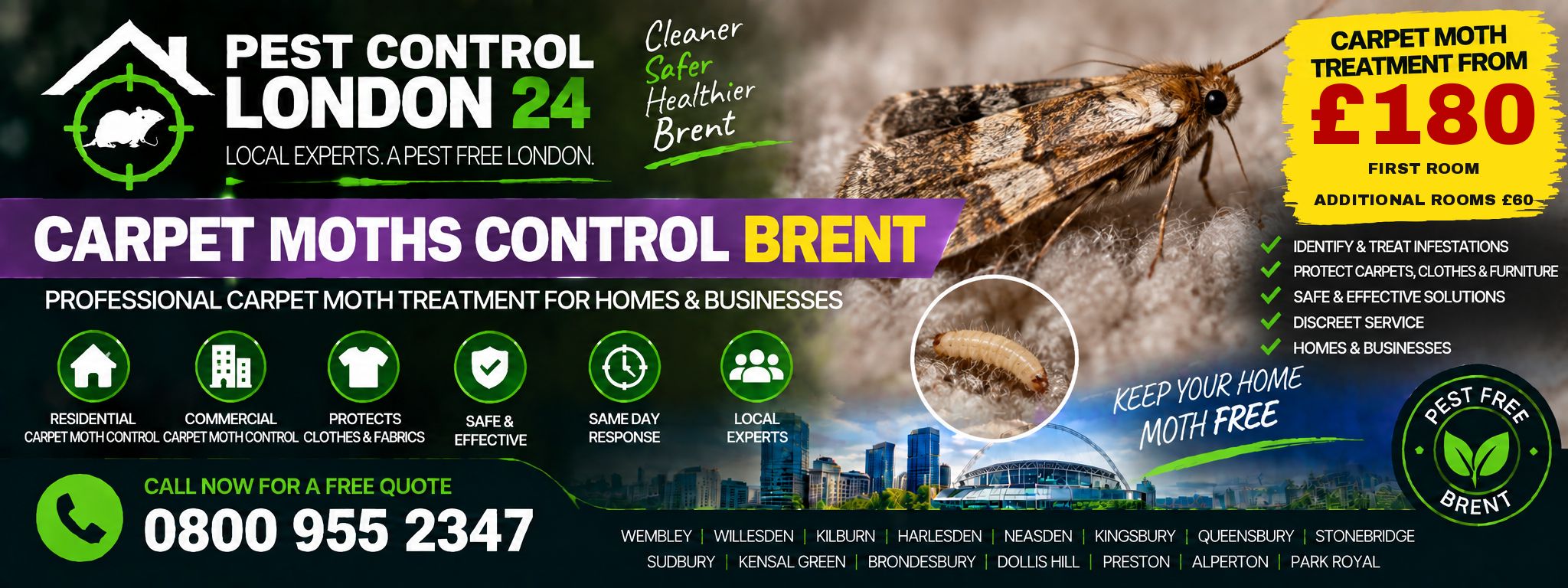 Carpet Moth Control Brent — Pest Control London 24. Carpet moth treatment £180 first room, £60 each additional room. Call 0800 955 2347.