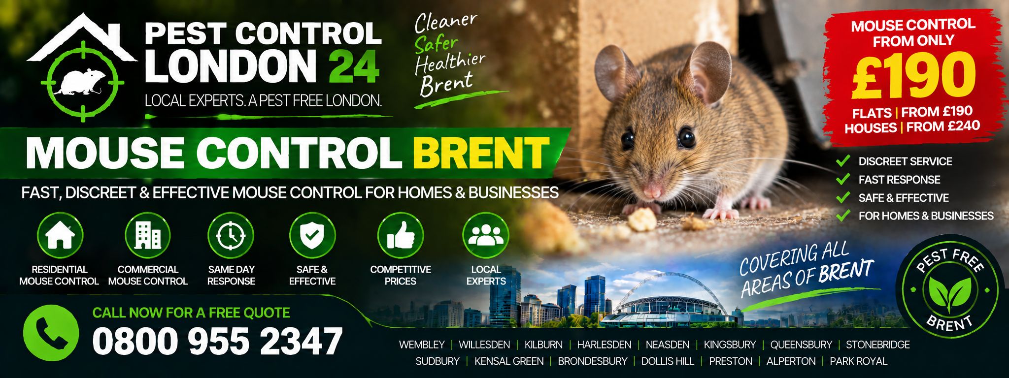 Mouse Control Brent — Pest Control London 24. Mouse control £190 for a flat, £240 for a house. Call 0800 955 2347.