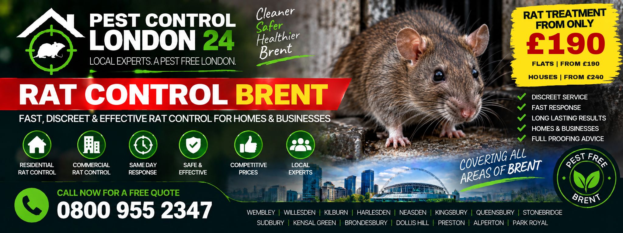 Rat Control Brent — Pest Control London 24. Rat treatment £190 for a flat, £240 for a house. Call 0800 955 2347.