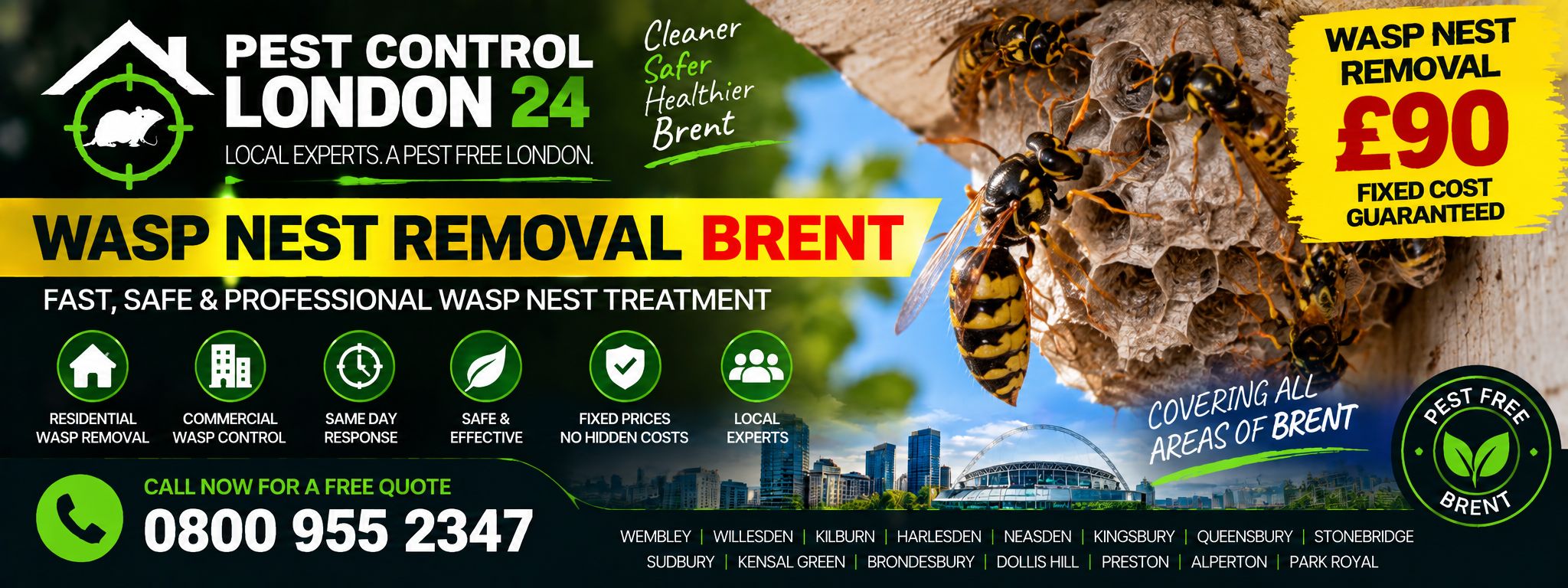 Wasp Nest Removal Brent — Pest Control London 24. Wasp nest removal £90 fixed price. Call 0800 955 2347.