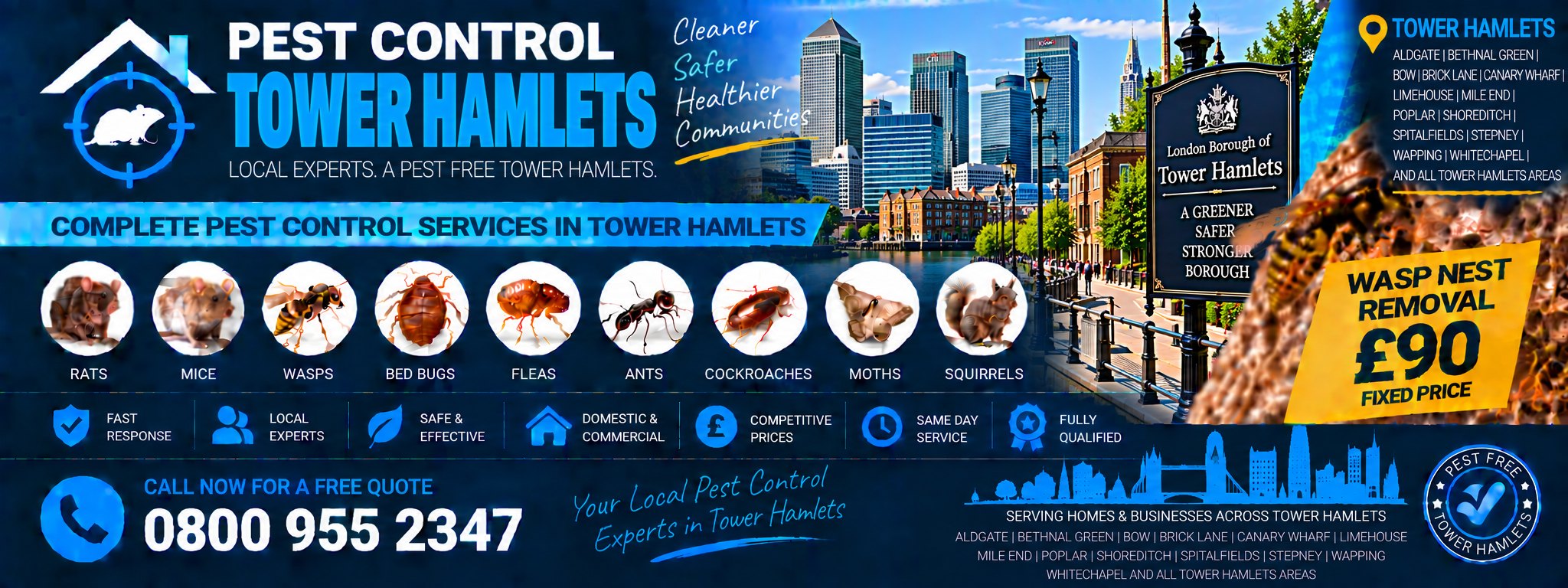 Pest Control Tower Hamlets — treatments for rats, mice, wasps, bed bugs, fleas, cockroaches, ants, squirrels, moths and spiders across Bow, Bethnal Green, Whitechapel and Canary Wharf. Wasp nest removal £90 fixed price. Call 0800 955 2347.